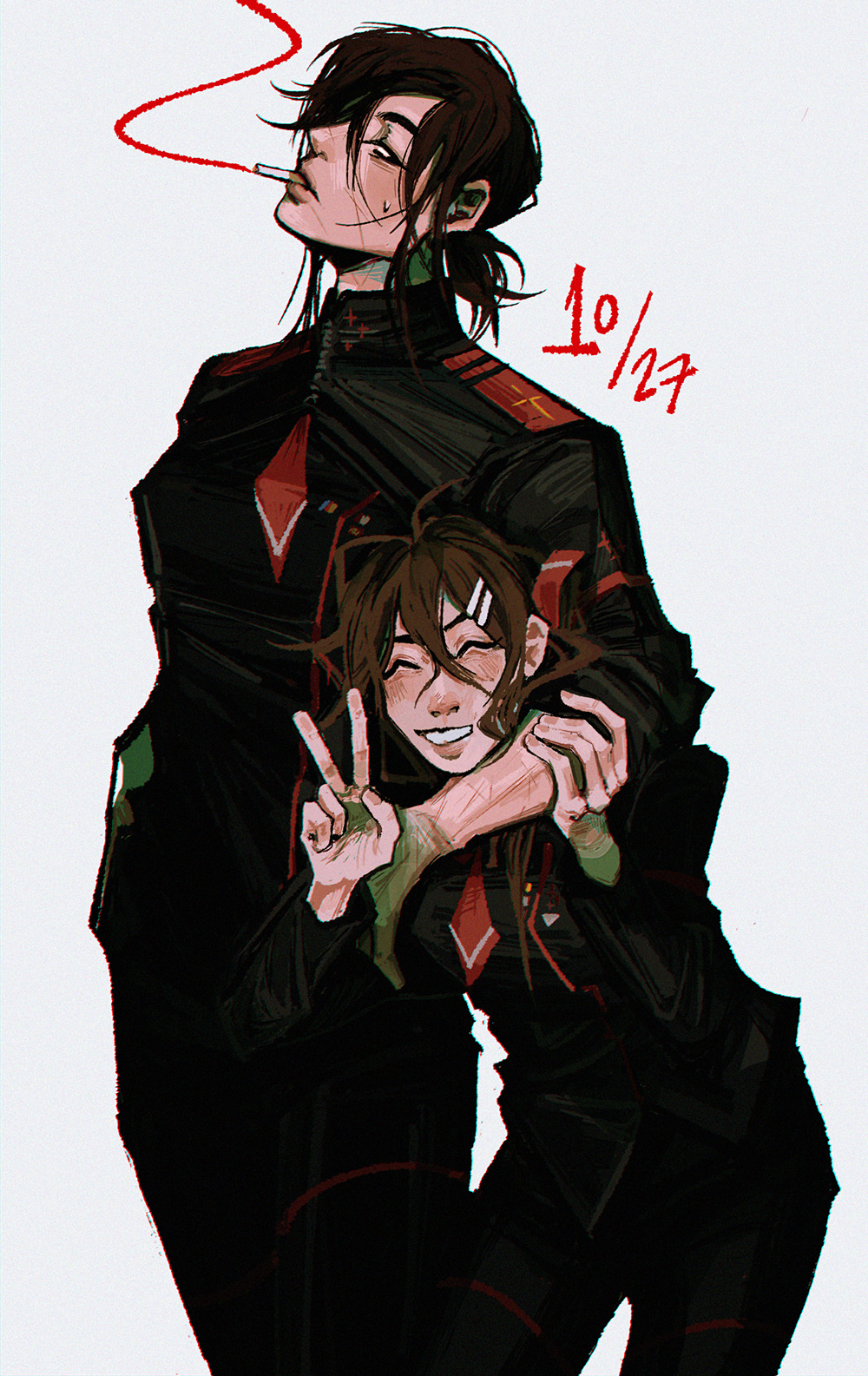2girls, ^_^, alina_seo, antenna_hair, arm_around_neck, black_eyes, black_jacket, black_pants, brown_hair, cigarette, closed_eyes, commentary, cowboy_shot, dated, english_commentary, facing_viewer, grin, hair_ornament, hairclip, hand_on_another's_arm, highres, jacket, lilith_itou, medium_hair, military_uniform, multiple_girls, ninekills, pants, ponytail, short_hair, short_ponytail, signalis, simple_background, smile, standing, sweatdrop, v, white_background
