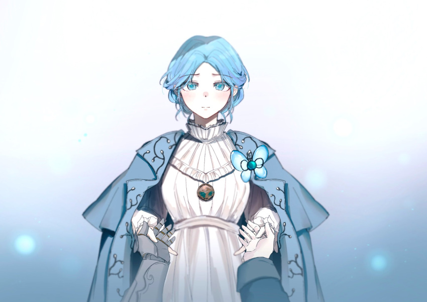 1boy, 1girl, blue_background, blue_butterfly, blue_coat, blue_eyes, blue_hair, bug