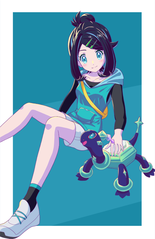 1girl, at_kiwi, bag, black_hair, black_shirt, black_socks, blue_eyes, closed_mouth