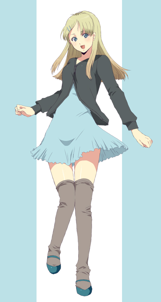 blue, blue_dress, blue_eyes, dress, hair_ornament, hairpin, jacket, long_hair