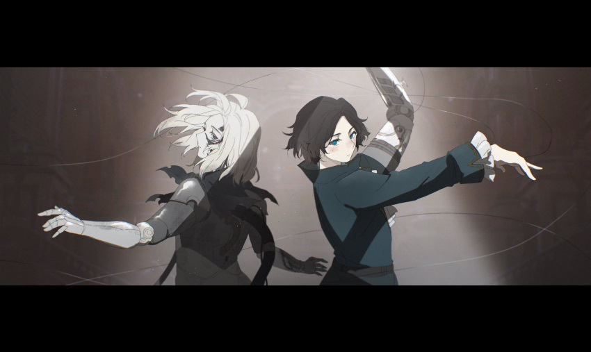 2boys, back-to-back, black_hair, blonde_hair, blue_coat, blue_eyes, blush, cable
