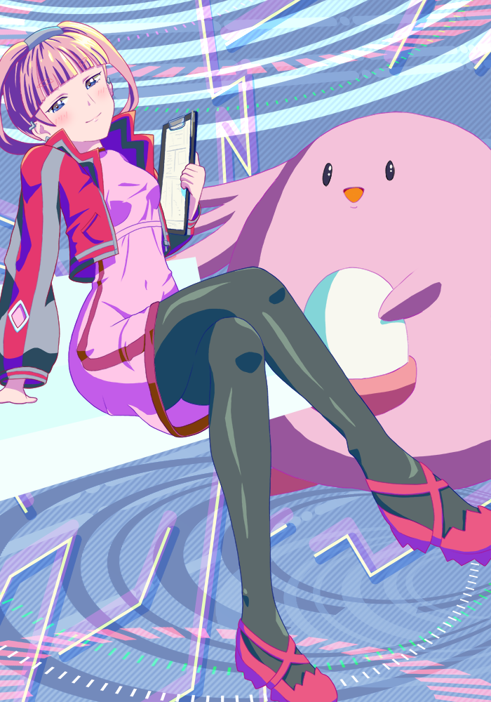 1girl, at_kiwi, black_pantyhose, blue_eyes, blunt_bangs, blush, chansey, clipboard, closed_mouth, commentary_request, crossed_legs, dress, hair_rings, holding, holding_clipboard, jacket, long_sleeves, mollie_(pokemon), open_clothes, open_jacket, pantyhose, pink_dress, pink_hair, pokemon, pokemon_(anime), pokemon_(creature), pokemon_horizons, shoes, smile