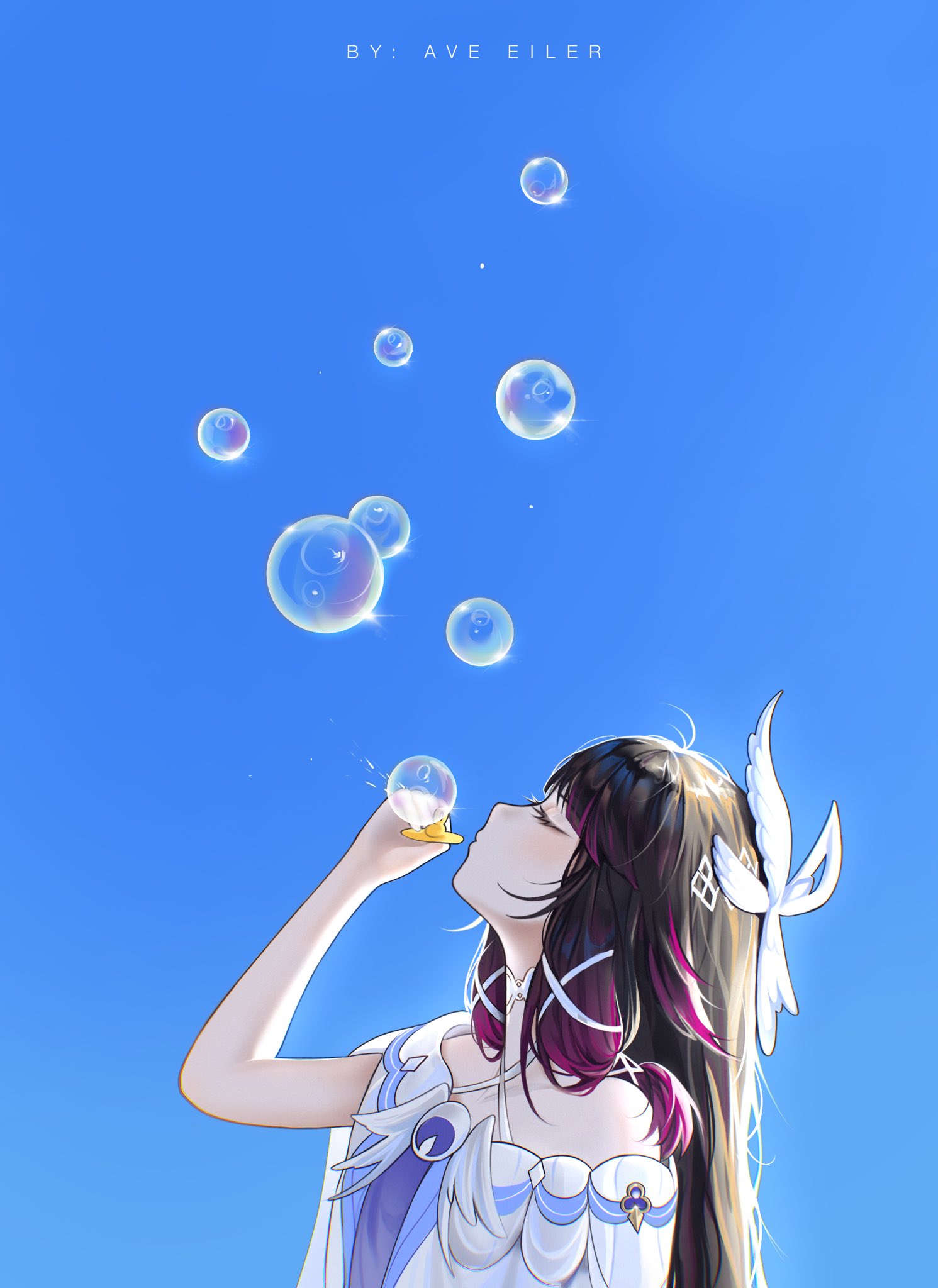 1girl, artist_name, ave_eiler_(eilerchan), bare_shoulders, black_hair, blowing_bubbles, blue_background, bubble