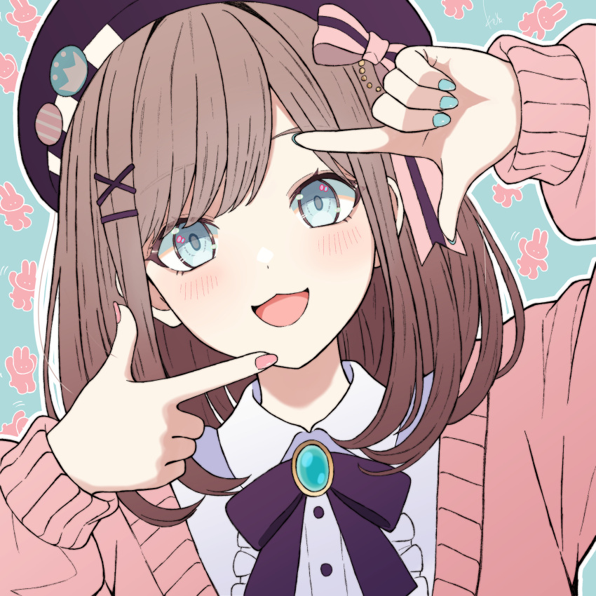 1girl, absurdres, beret, blush, bow, brown_hair, cardigan, center_frills