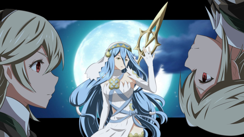 1boy, 2girls, azura_(fire_emblem), blue_hair, commentary_request, dual_persona, female_corrin_(fire_emblem), fire_emblem
