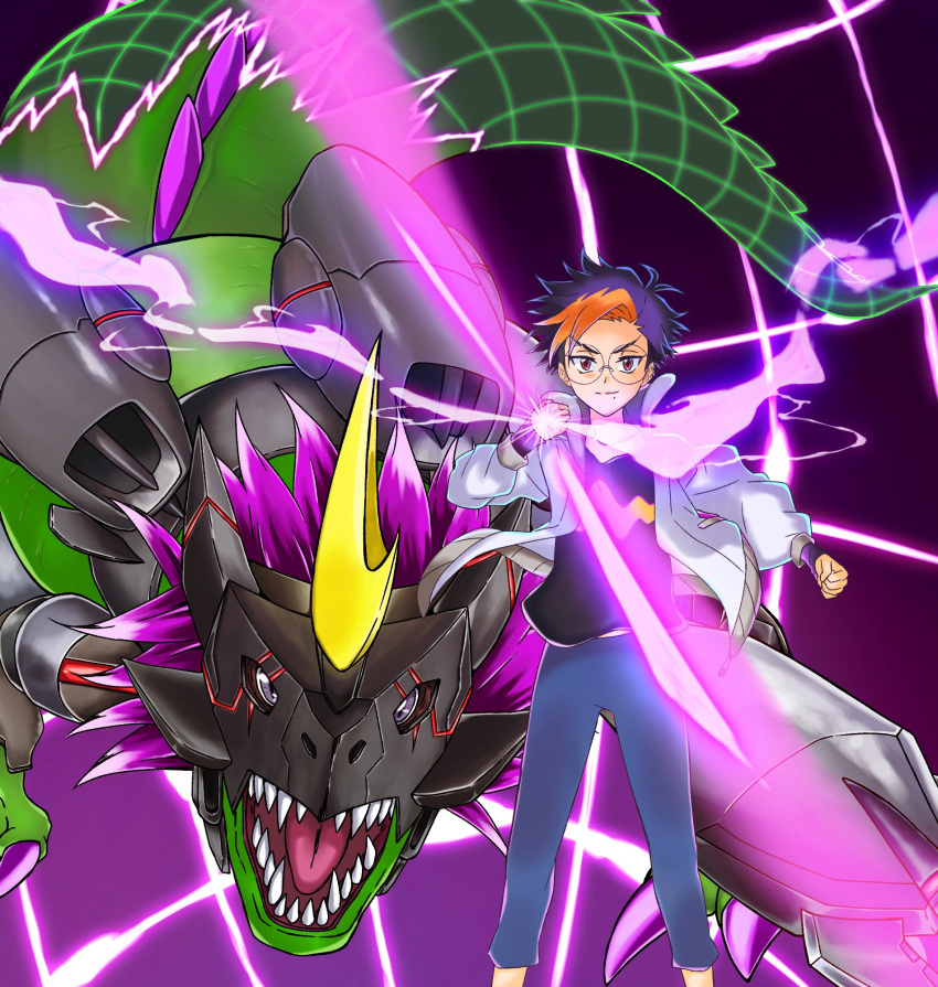 74m6dg, black_shirt, blonde_hair, blue_hair, commentary_request, crescent, cyborg, digimon