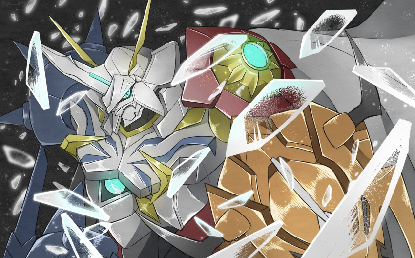 armor, blue_eyes, broken_glass, cape, commentary_request, digimon, digimon_(creature), glass
