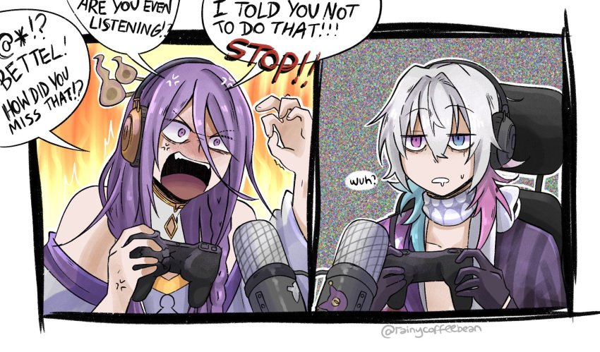 2boys, anger_vein, angry, black_gloves, blue_eyes, blue_hair, border, braid