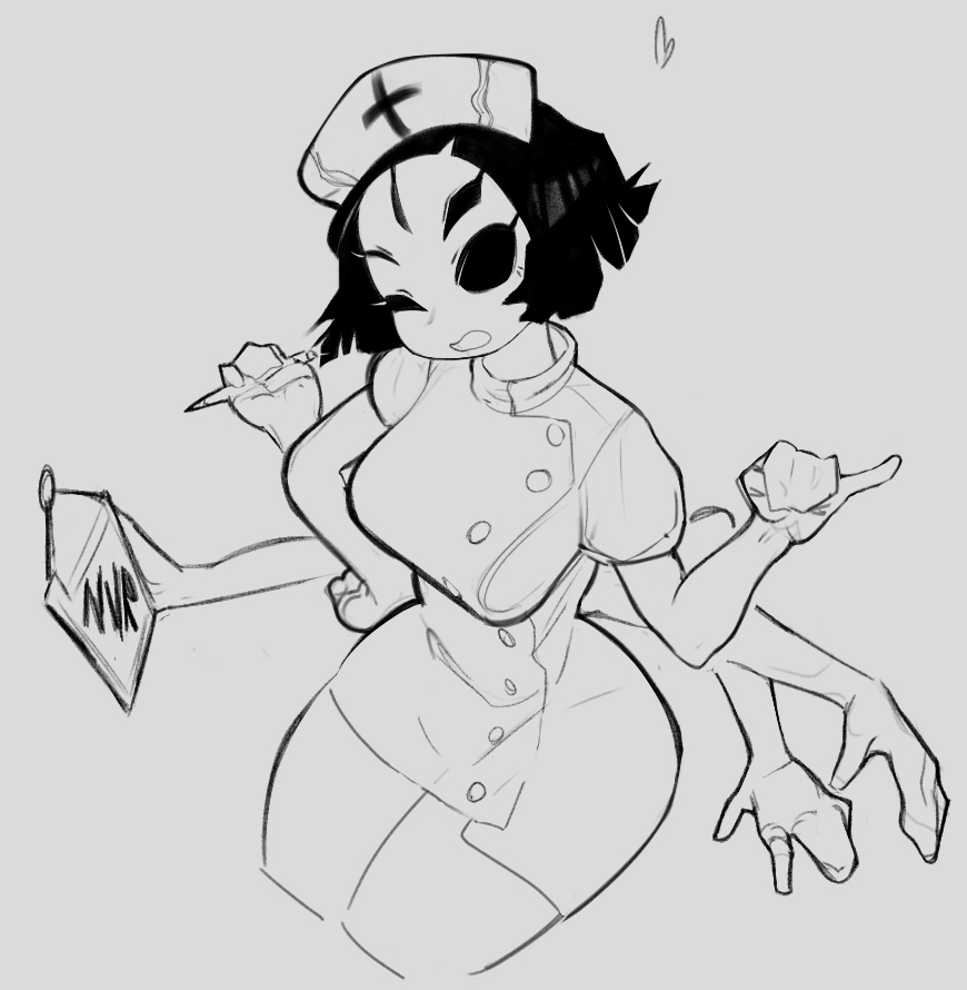 1girl, arthropod_girl, breasts, clipboard, cowboy_shot, drowsykrid, extra_arms, extra_eyes