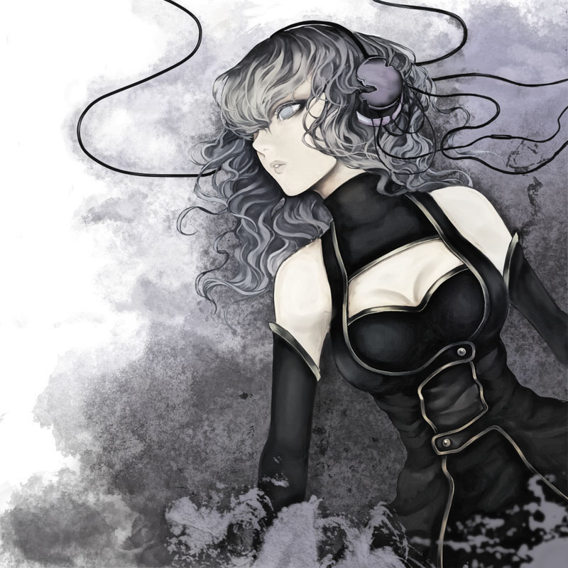 cable, detached_sleeves, dress, grey_eyes, headphones, lying, original, rabbit19