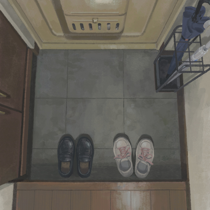 closed_umbrella, commentary_request, door, genkan, highres, indoors, loafers, muji_(uimss)