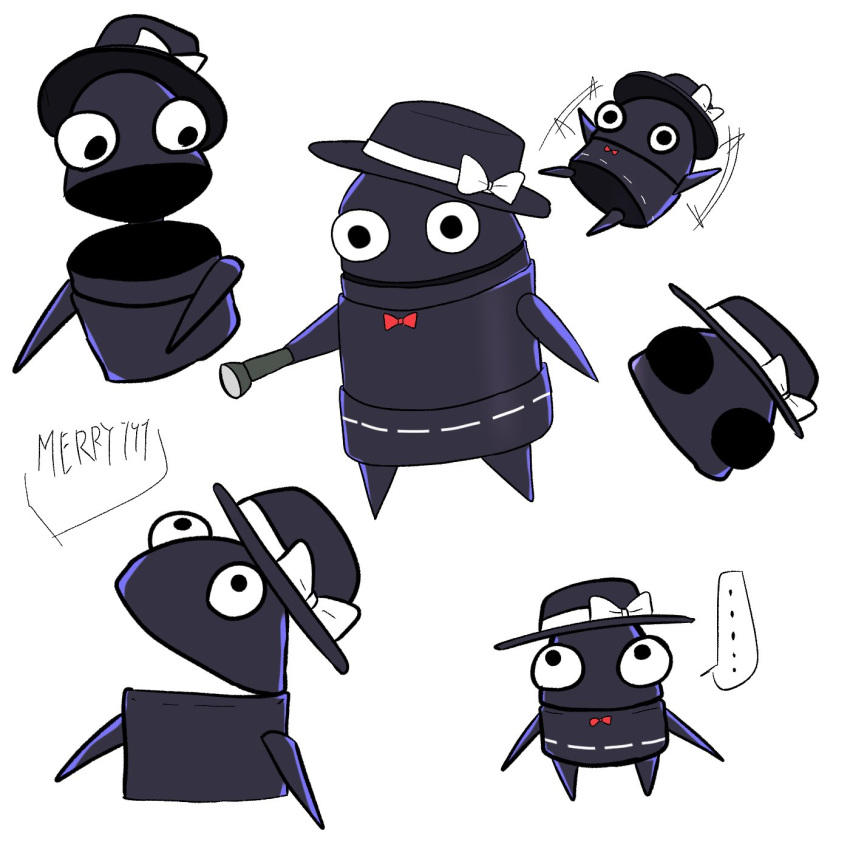 ..., black_hat, bone_vone, bow, bowtie, commentary_request, copyright_request, english_text, flashlight, hat, hat_bow, highres, mechanization, motion_lines, multiple_views, no_humans, open_mouth, red_bow, red_bowtie, ribbon_trim, robot, solid_circle_eyes, solid_circle_pupils, speech_bubble, spoken_ellipsis, standing, touhou, usami_renko, white_background