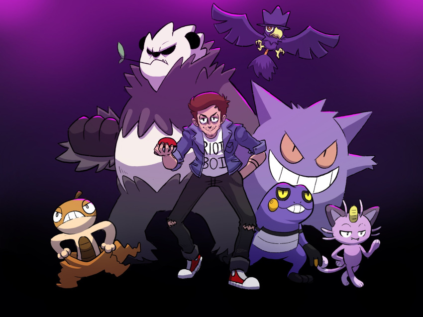 1boy, alolan_meowth, artist_self-insert, beard_stubble, bird, black_pants, brown_hair, croagunk, denim, denim_jacket, drawfee, facial_hair, gengar, grin, highres, jacket, jacob_andrews, jacob_andrews_(person), murkrow, pangoro, pants, poke_ball, scraggy, smile, stubble, walking