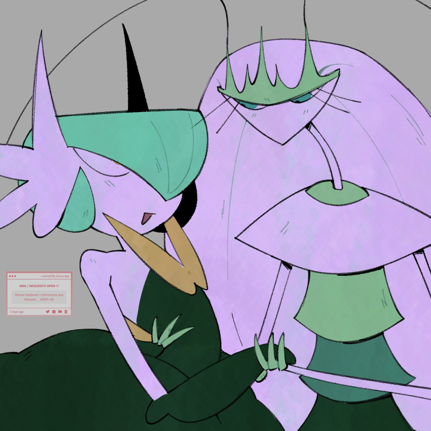 2girls, :d, alternate_color, antennae, arthropod_girl, black_dress, black_gloves, blue_eyes, blue_hair, cockroach_girl, colored_skin, commentary, dress, elbow_gloves, english_commentary, gardevoir, gloves, grey_background, highres, holding_hands, long_hair, looking_at_another, mega_gardevoir, multiple_girls, open_mouth, orange_eyes, pheromosa, pokemon, pokemon_(creature), shiny_pokemon, simple_background, smile, standing, sunnydr0pdraws, upper_body, white_hair, white_skin