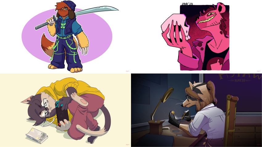 2boys, 2girls, absurdres, beastars, bondage_pants, cat_girl, colored_teeth, dog_boy, drawfee, furry, furry_female, furry_male, grin, highres, holding, holding_sword, holding_weapon, hood, hoodie, hyena_boy, jacob_andrews, jacob_fursona, julia_fursona, julia_lepetit, karina_farek, karina_fursona, mall_goth, multiple_boys, multiple_girls, nathan_fursona, nathan_yaffe, official_art, pants, parody, pawpads, ponytail, sharp_teeth, skull, smile, sword, teeth, title_parody, weapon, yellow_teeth
