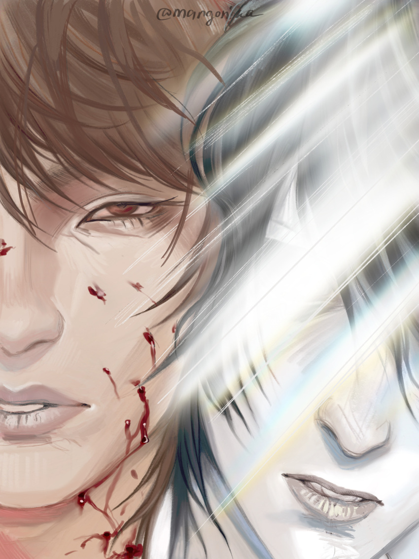 2boys, black_hair, blood, brown_hair, chapped_lips, death, death_note, east_asian