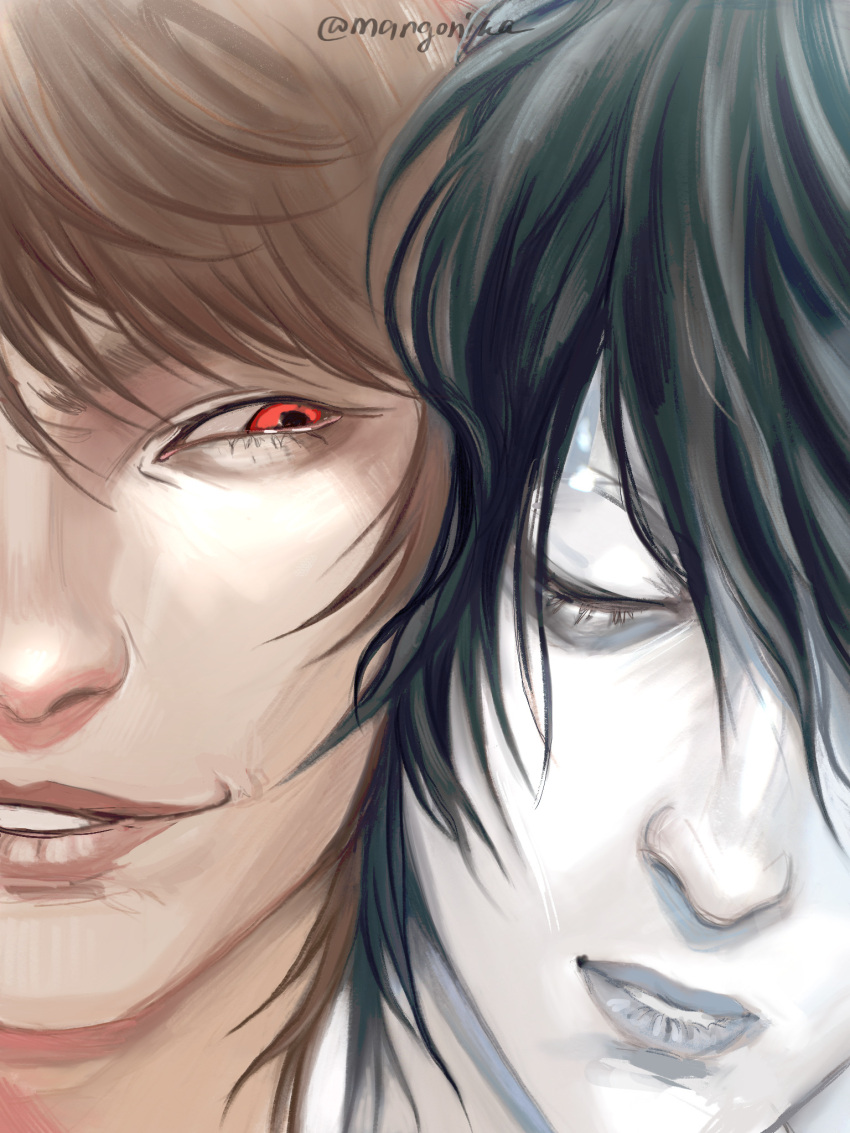 2boys, black_hair, brown_hair, close-up, closed_eyes, corpse, death, death_note