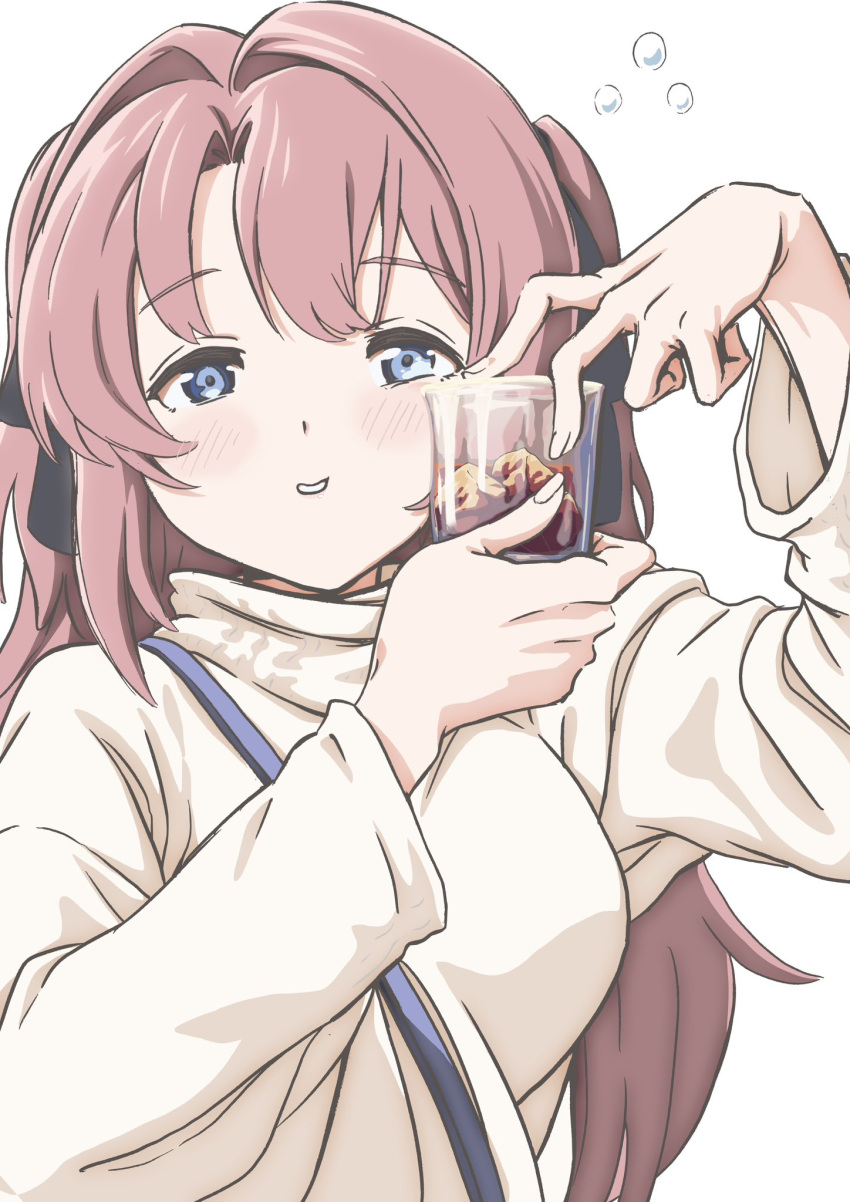 1girl, ane_moire, black_ribbon, blue_eyes, commentary, cup, hair_ribbon, highres