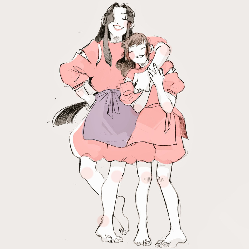 2girls, ^_^, apron, blush, brown_hair, closed_eyes, full_body, hand_on_own_hip