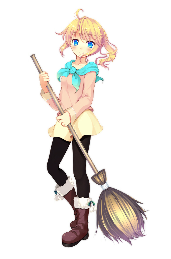 black_legwear, blonde_hair, blue_eyes, blush, broom, esia_mariveninne, komone_ushio, looking_at_viewer