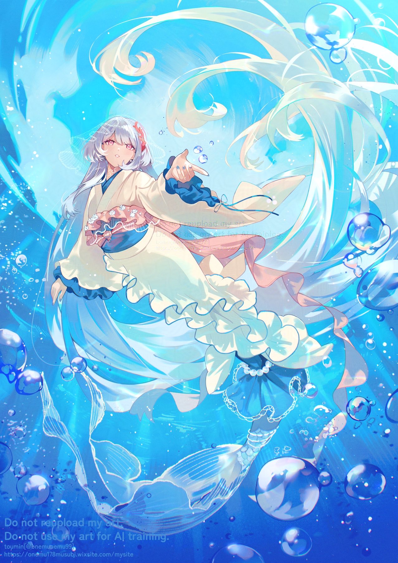 1girl, absurdly_long_hair, air_bubble, blue_nails, blue_scales, blue_sky, blue_tail, blush