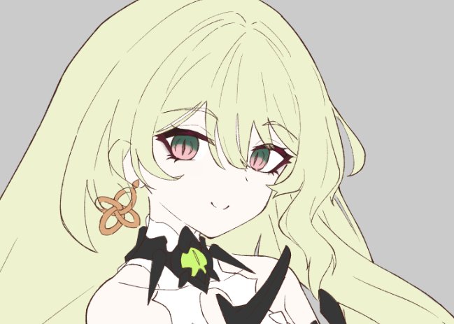 1girl, closed_mouth, commentary_request, earrings, erio_dazima, green_eyes, green_hair, grey_background