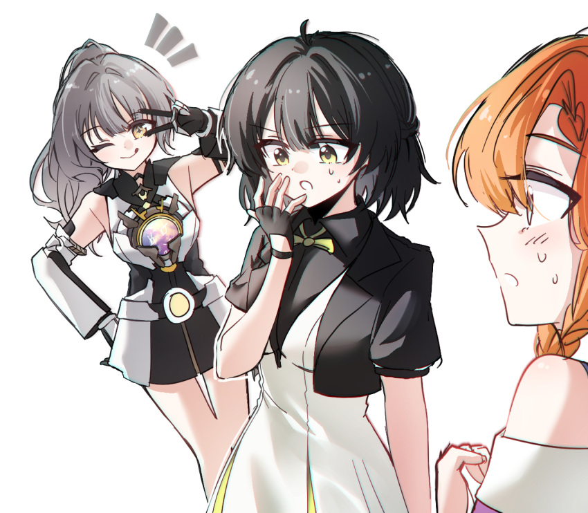 3girls, ;q, black_gloves, black_hair, black_jacket, breasts, canon_event, chromatic_aberration