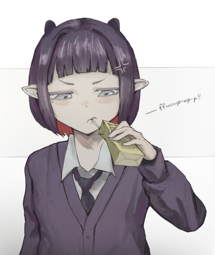 1girl, anger_vein, blunt_bangs, cardigan, churiro_art, collared_shirt, colored_inner_hair, drink_carton, drinking, drinking_straw, grey_eyes, highres, hololive, hololive_english, juice_box, mole, mole_under_eye, multicolored_hair, necktie, ninomae_ina'nis, pointy_ears, purple_cardigan, purple_hair, purple_necktie, red_hair, shirt, solo, tentacle_hair, virtual_youtuber, white_shirt