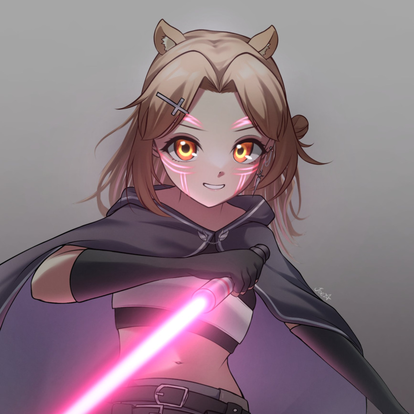 1girl, animal_ears, ayunda_risu, ayunda_risu_(dark_side), brown_hair, cloak, earrings, facepaint
