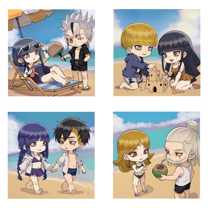 4boys, 4girls, ada_(naruto), bare_arms, bare_legs, bare_shoulders, barefoot, beach