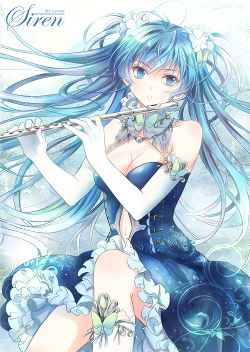 artist_request, bare_shoulders, blue_dress, blue_eyes, blue_hair, breasts, butterfly, cleavage, dress, elbow_gloves, flute, frills, gathers, gloves, hair_ornament, hatsune_miku, higher_res_request, instrument, kamui_(kamuikaoru), kneehighs, light_particles, long_hair, navel, open_mouth, ruffles, sitting, solo, twintails, vocaloid, white_gloves, white_legwear