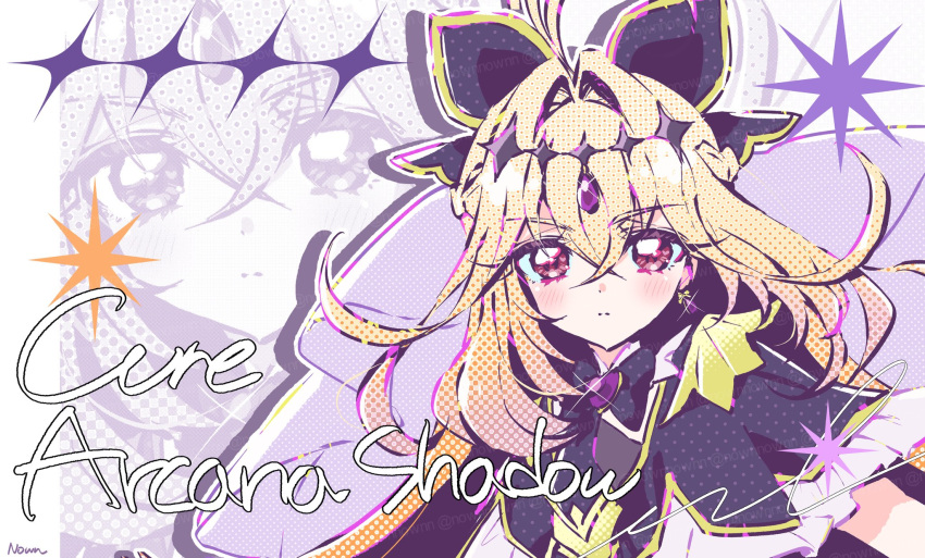 1girl, antenna_hair, black_capelet, black_dress, blonde_hair, brooch, capelet, character_name