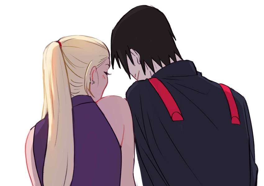 1boy, 1girl, absurdres, bare_arms, bare_shoulders, black_hair, blonde_hair, blush