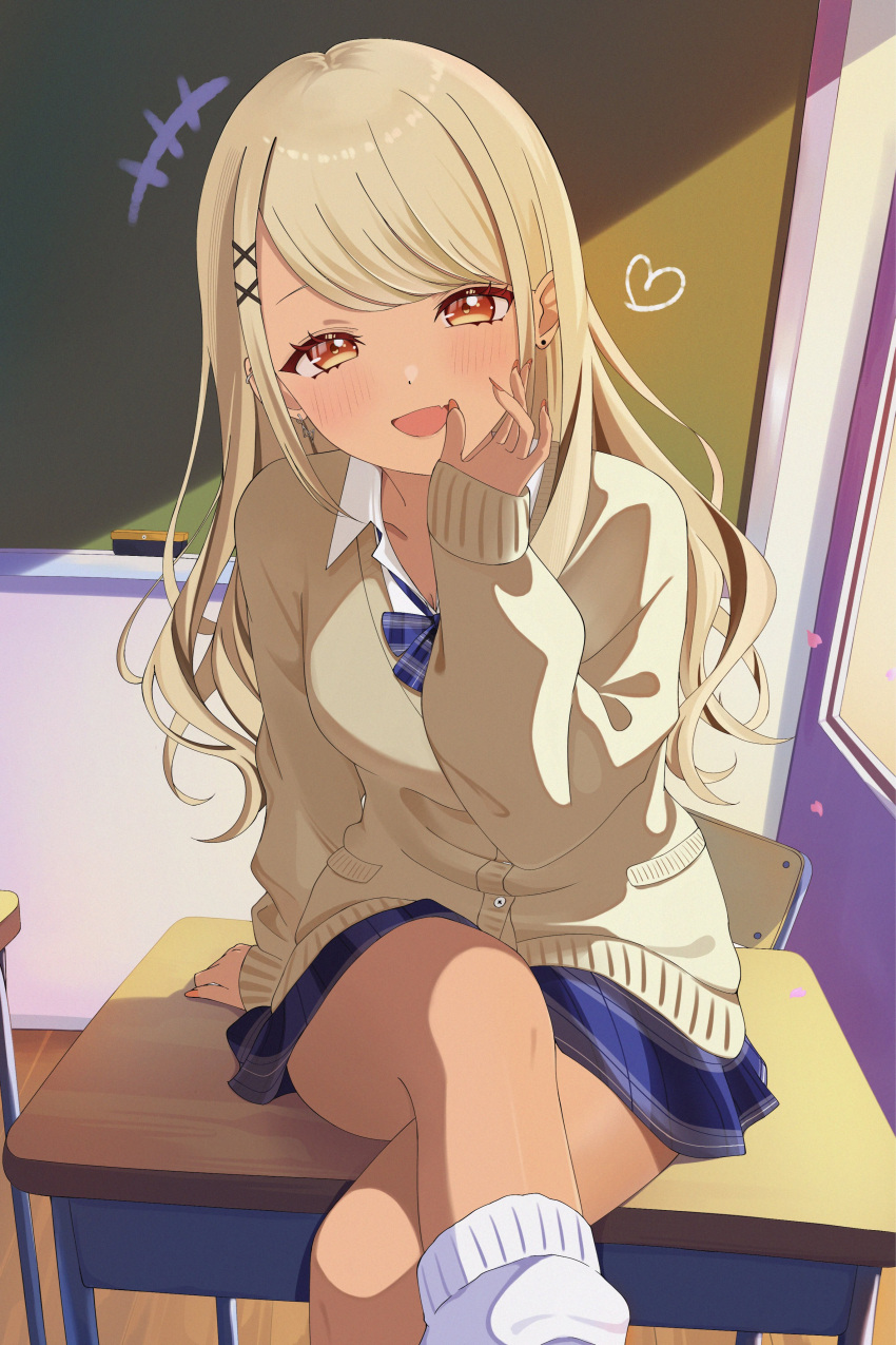 +++, absurdres, blonde_hair, blue_bow, blue_bowtie, blue_skirt, blush, bow