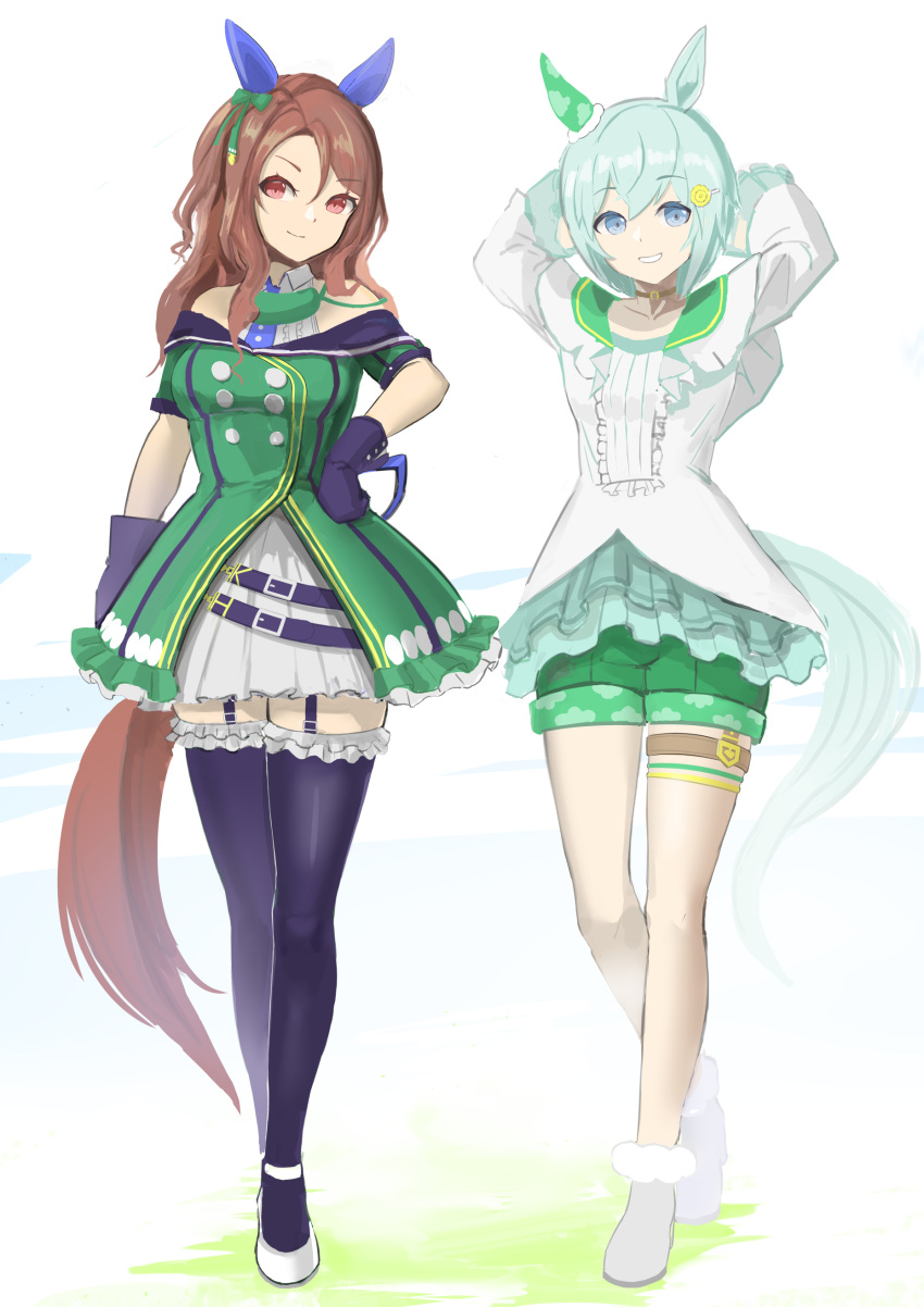 2girls, absurdres, animal_ears, arms_behind_head, bare_shoulders, black_gloves, black_thighhighs, blue_eyes
