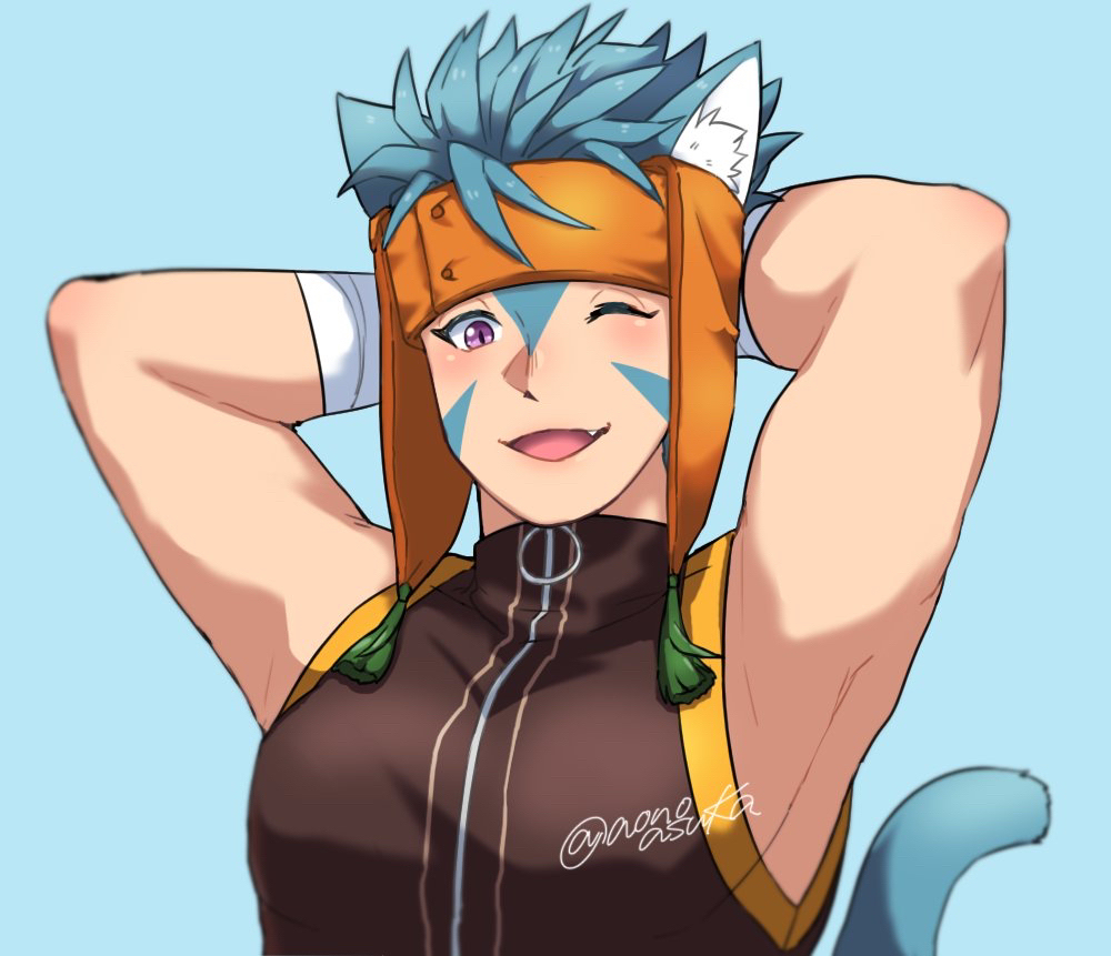 1boy, animal_ears, aonoasuka, arms_behind_head, blue_background, blue_hair, cat_boy, cat_ears