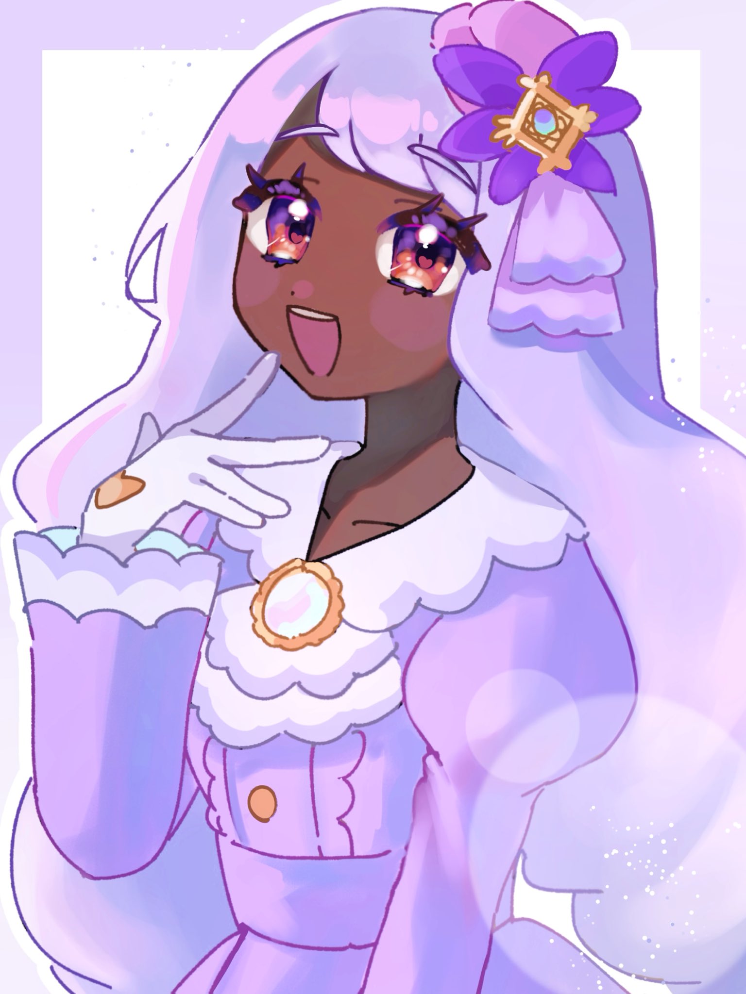 1girl, ascot, brooch, dark-skinned_female, dark_skin, dress, fascinator, frilled_ascot