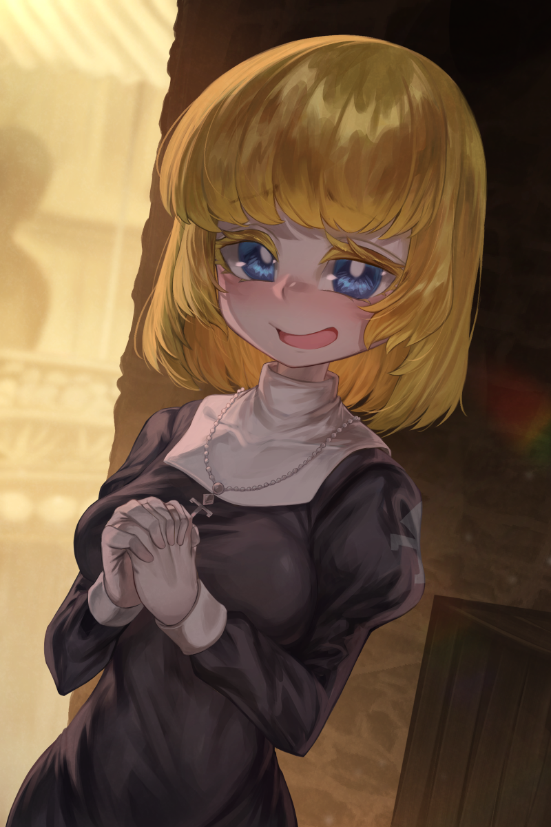 1girl, black_dress, blonde_hair, blue_eyes, box, breasts, bright_pupils, character_request