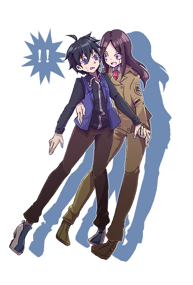 !, !!, 2boys, big_order, black_hair, blue_eyes, brown_hair, brown_pants, commentary_request, hand_on_another's_waist, holding_hands, hoshimiya_eiji, makimegane, multiple_boys, necktie, open_mouth, pants, red_eyes, red_necktie, simple_background, smile, sundan_ayahito, sweatdrop