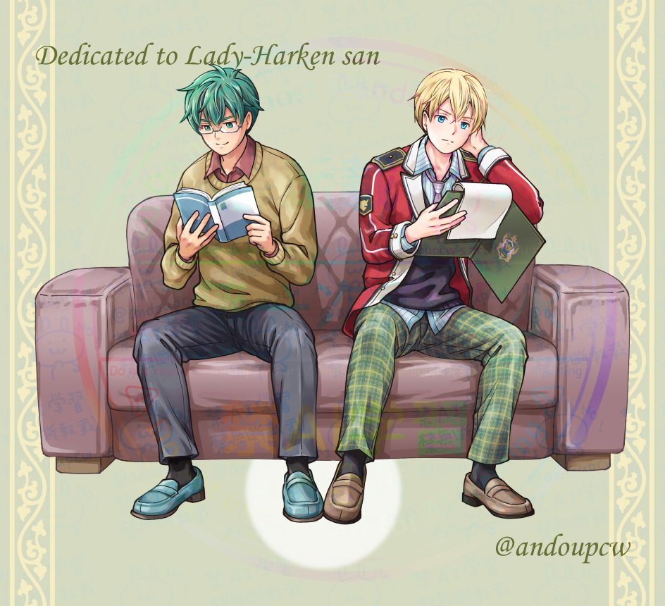 2boys, andoupcw, black_pants, blonde_hair, book, brown_sweater, couch, double-parted_bangs