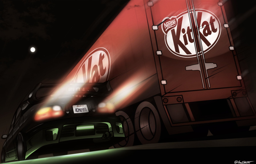 1nkdax, 2026_kitkat_heist, box_truck, car, full_moon, highres, kitkat, moon, motor_vehicle, night, no_humans, original, outdoors, semi_truck, spoiler_(automobile), sports_car, trailer, truck
