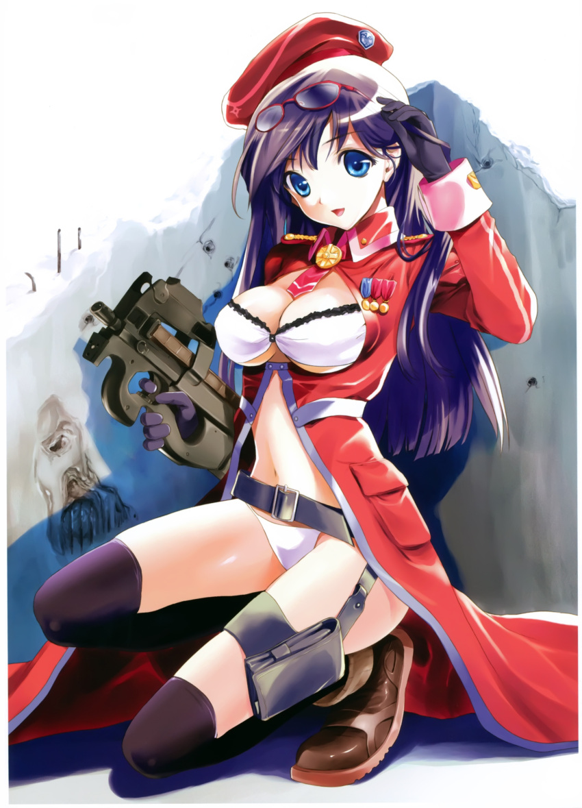 belt, beret, black_hair, black_legwear, blue_eyes, boots, bra, breasts, bullpup, character_request, cleavage, cleavage_cutout, copyright_request, glasses, glasses_on_head, gloves, gun, hat, highres, holster, kneehighs, lingerie, long_hair, masaharu, medal, midriff, military, military_uniform, navel, nazume_mikuru, necktie, p90, panties, phonecard, purple_hair, solo, squatting, string_panties, thigh-highs, thighhighs, underwear, uniform, wall, weapon, white_panties, zero_in
