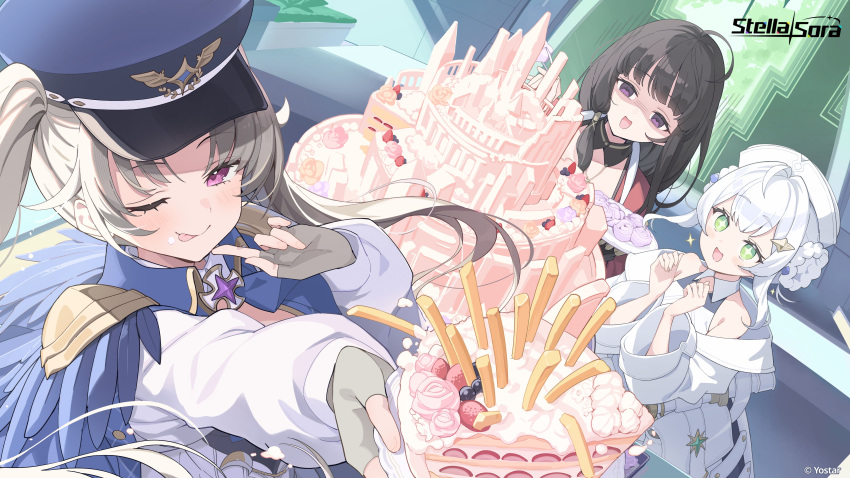 +_+, 3girls, absurdres, bastelina_(stella_sora), birthday_cake, black_hair, cake, closed_mouth