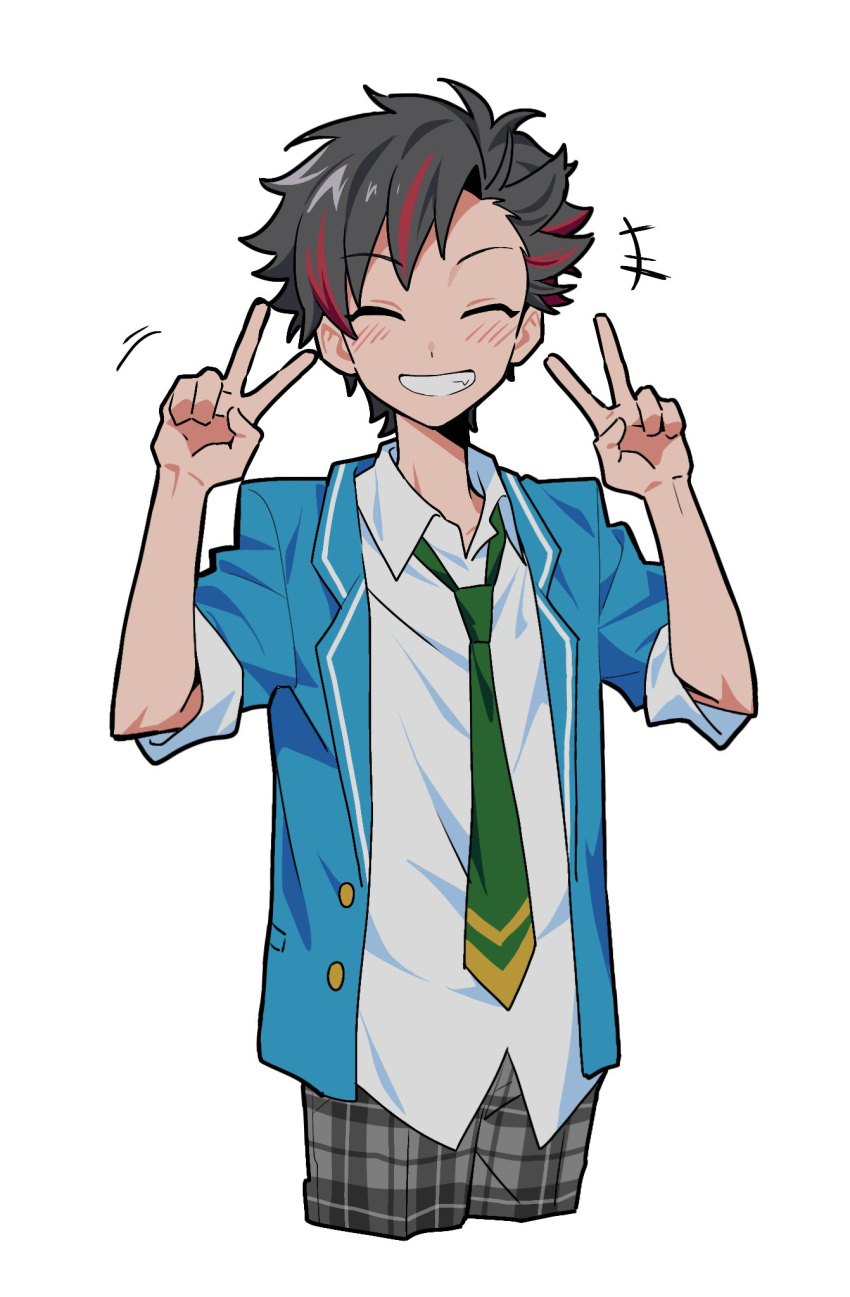 +++, 1boy, black_hair, blazer, blue_jacket, buttons, clenched_teeth, closed_eyes