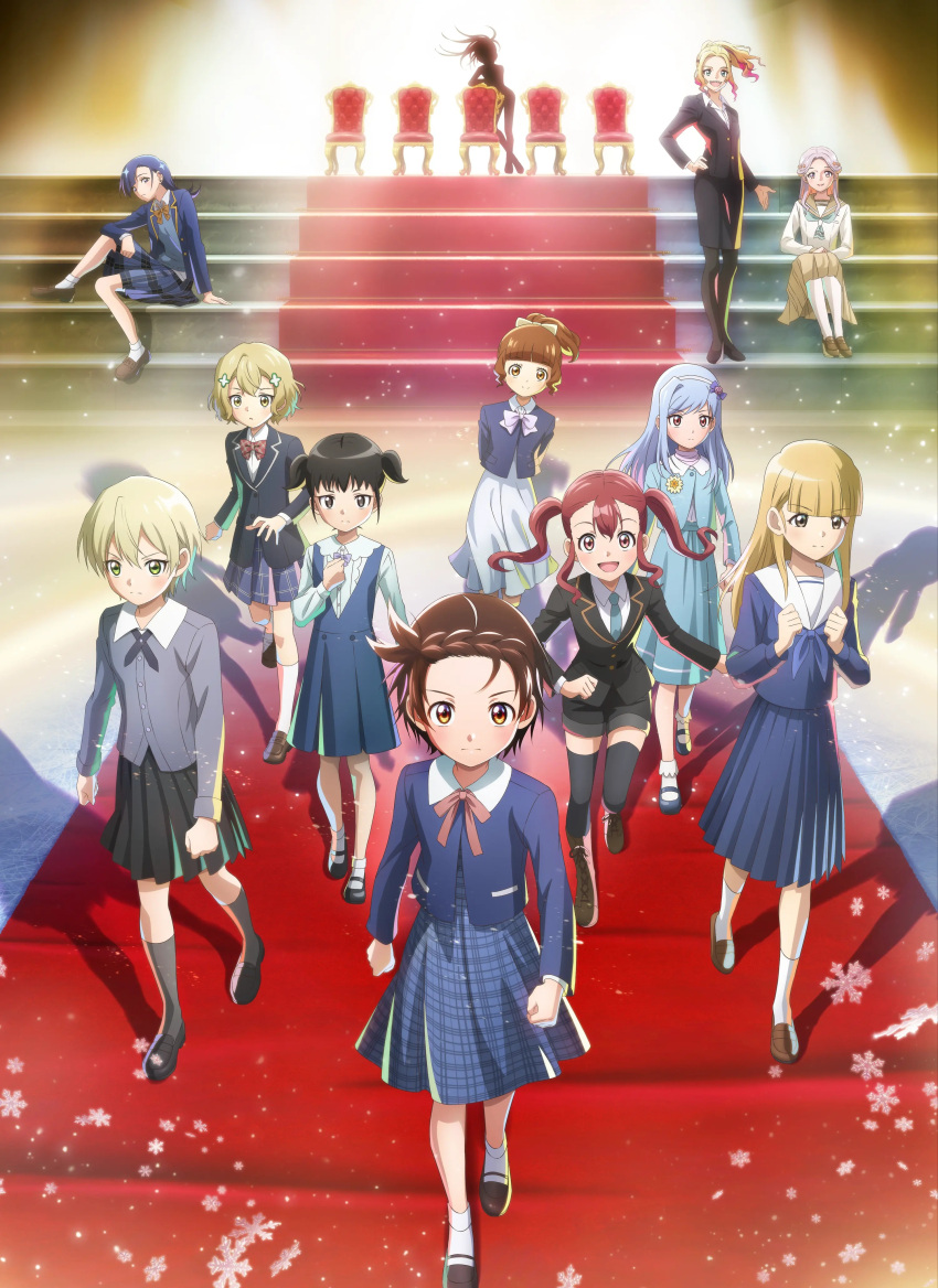 6+girls, :d, :|, absurdres, anaguma_sakina, anime_coloring, annotated, aqua_jacket