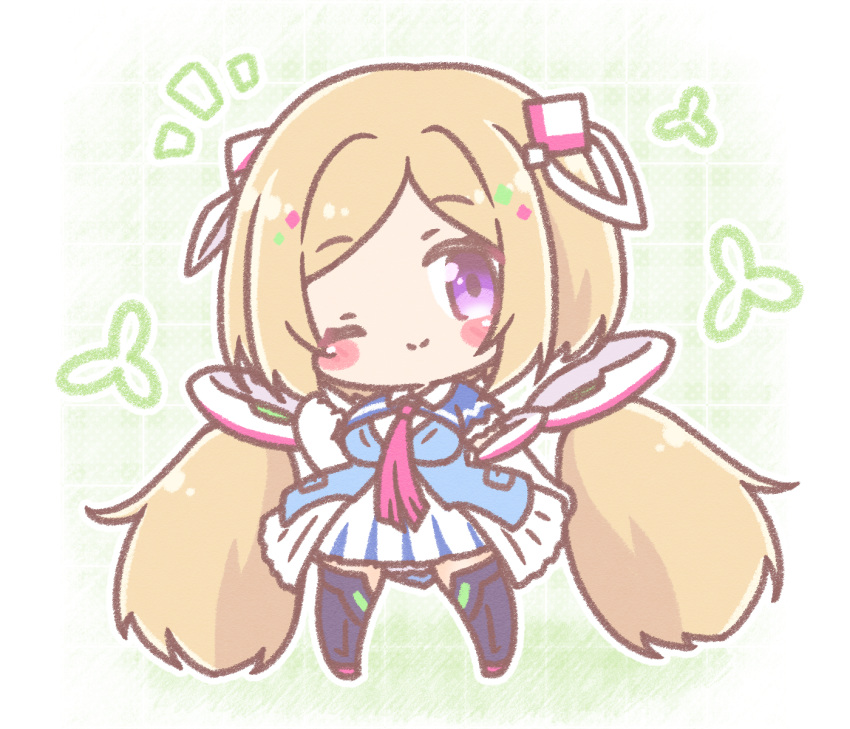 1girl, ;), aki_rosenthal, aki_rosenthal_(1st_costume), blue_boots, blue_dress, blush_stickers, boots