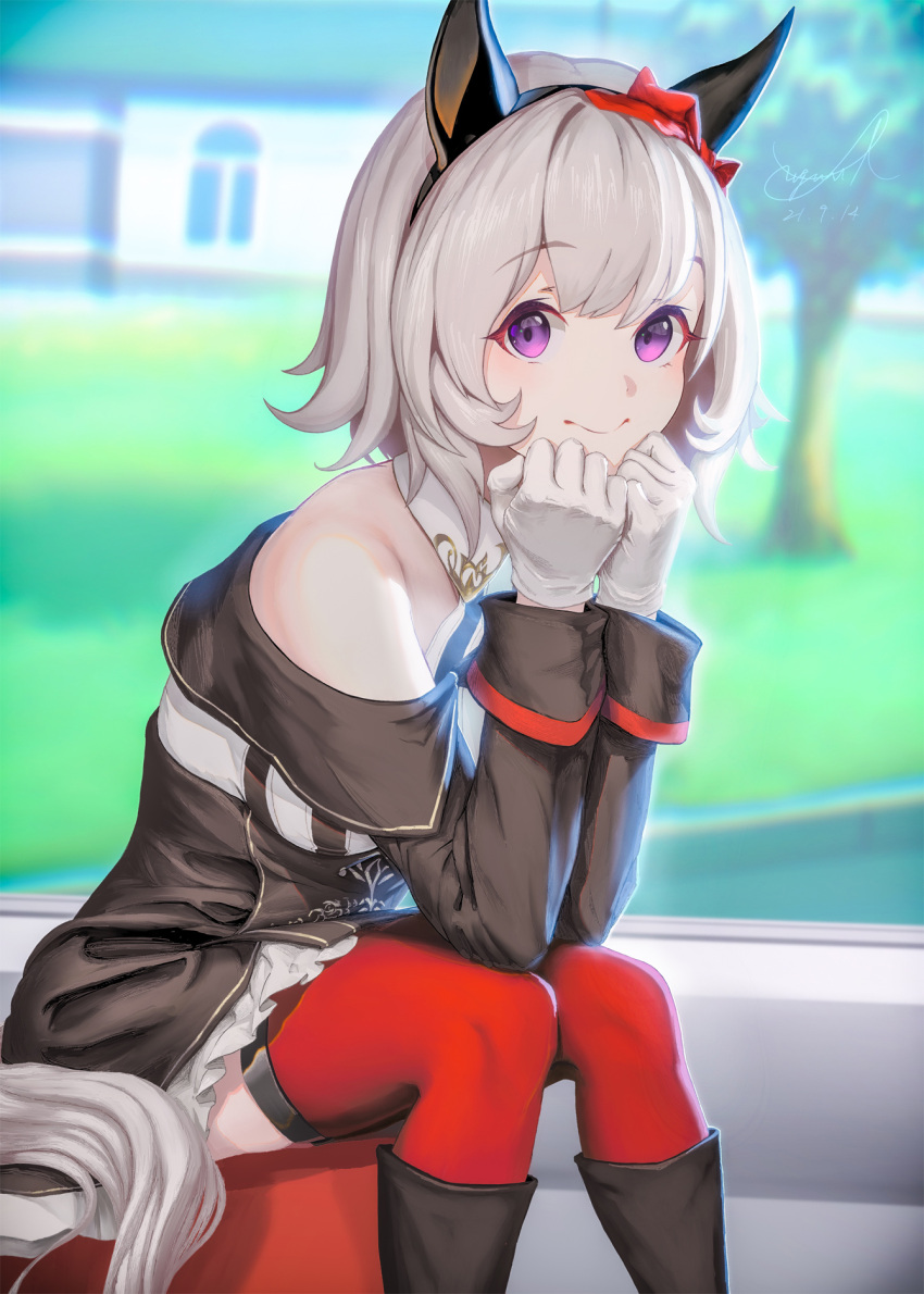 1girl, animal_ears, bare_shoulders, black_boots, black_hairband, blush, boots, bow