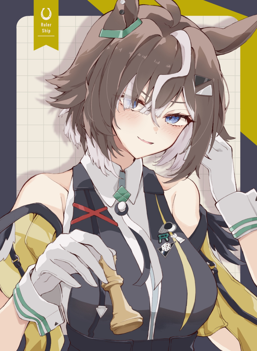 1girl, ahoge, animal_ears, bare_shoulders, black_shirt, blue_eyes, blush, breasts