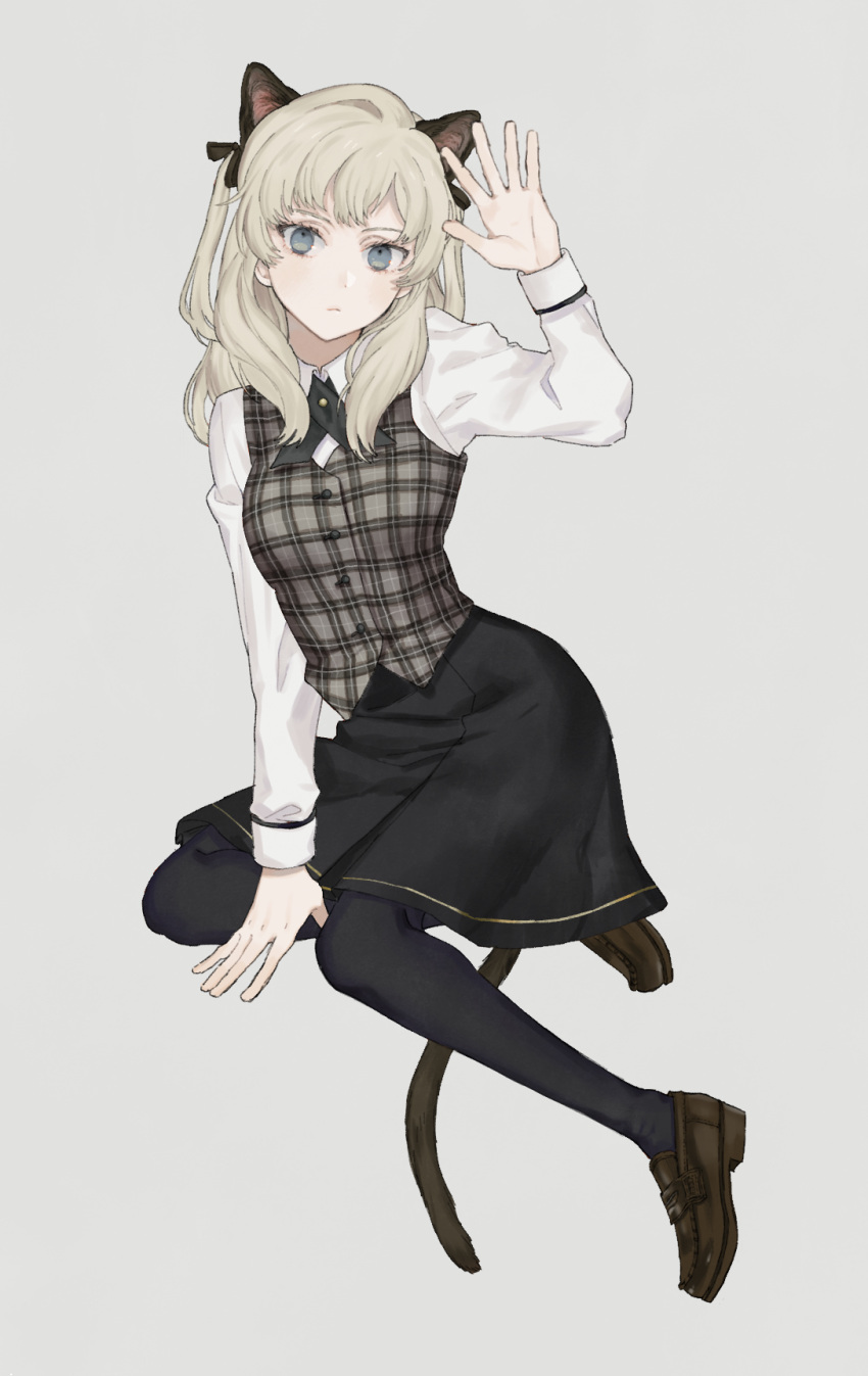 1girl, animal_ears, arm_support, black_skirt, blonde_hair, blue_eyes, breasts, buttons, cat_ears, cat_girl, cat_tail, collared_shirt, commentary_request, hand_up, highres, legs, loafers, long_hair, long_sleeves, looking_at_viewer, medium_breasts, mege_(megechan), original, pantyhose, plaid_clothes, plaid_vest, shirt, shoes, simple_background, sitting, skirt, solo, tail, thigh-highs, thighs, vest, white_background, white_shirt