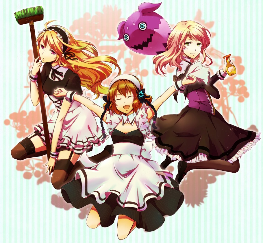 blonde_hair, braid, brown_hair, cleaning_brush, closed_eyes, doll, dress, elise_lutas